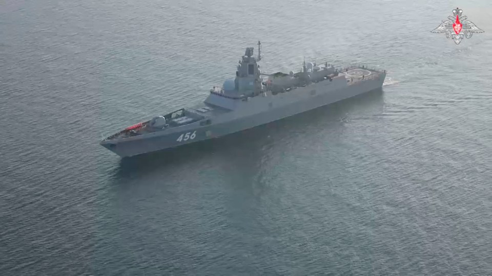 An aerial view shows Russian Navy frigate Admiral Golovko during yesterday’s military drills