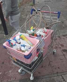 He was spotted pushing a shopping trolley full of cleaning supplies along Traffic Street