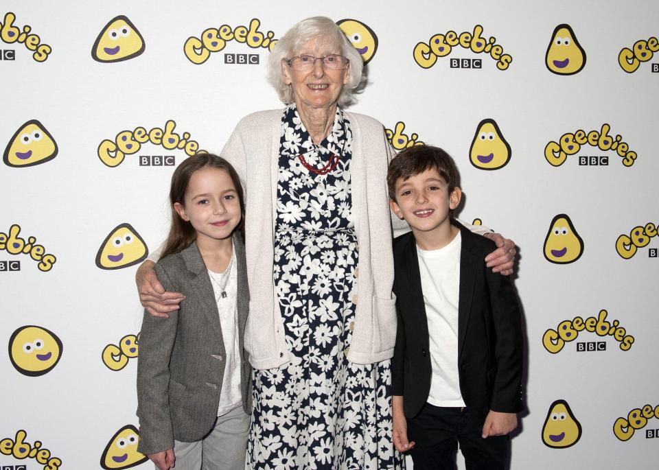 Jean Adamson with Topsy and Tim actors Jocelyn Macnab and Joshua Lester