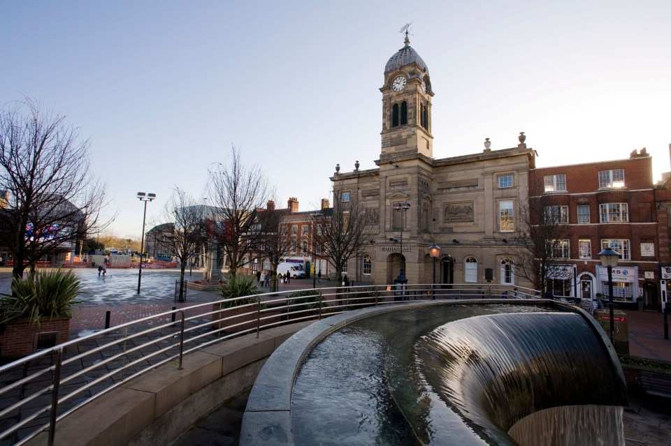 Derby's Guildhall and Market Square waterfall feature.