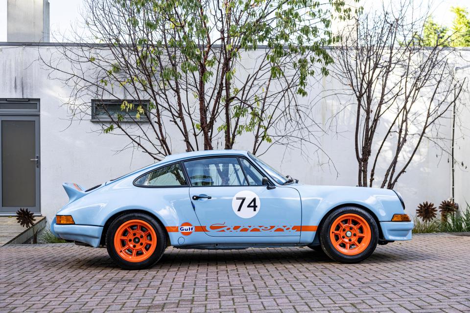 Images show the immaculate Porsche 911 finished in iconic blue and orange Gulf livery with matching Replica Group 4 Campagnolo wheels