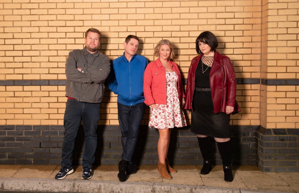 James Corden as Smithy, Mathew Horne as Gavin, Joanna Page as Stacey and Ruth Jones as Nessa, stars of the BBC comedy Gavin & Stacey: The Finale