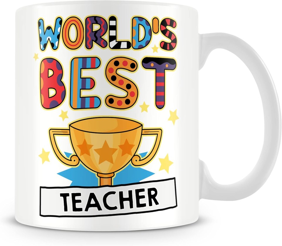 Mug that says "World's Best Teacher" with a trophy.