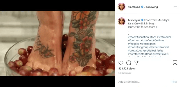 Blac has also been promoting her feet content on Instagram, with one close-up clip showing her inked feet squashing juicy grapes