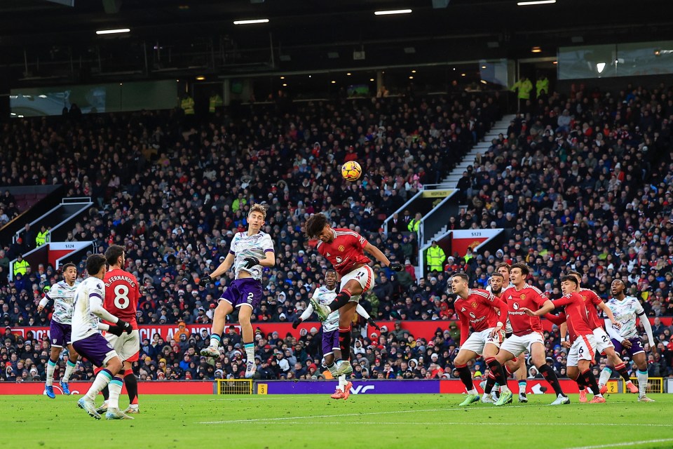 Dean Huijsen scores a goal for Bournemouth against Manchester United at Old Trafford.