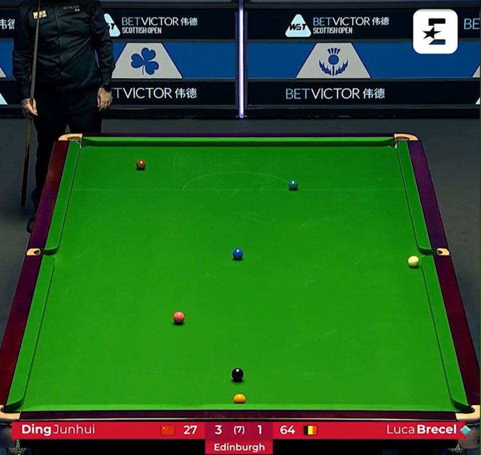 Snooker match scoreboard: Ding Junhui 27-3, Luca Brecel 64-1.