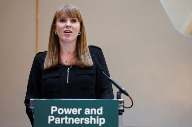 Angela Rayner, Britain's Deputy Prime Minister, speaking at a podium about power and partnership.