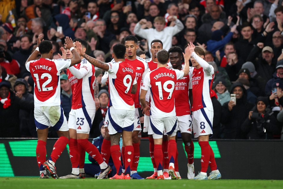 Arsenal players celebrating a goal.