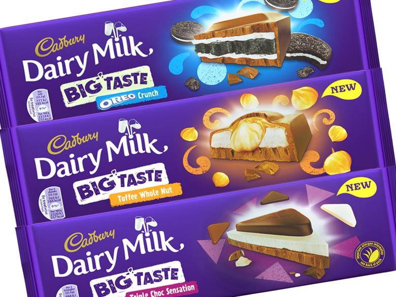 Three Cadbury Dairy Milk Big Taste bars: Oreo Crunch, Toffee Whole Nut, and Triple Choc Sensation.