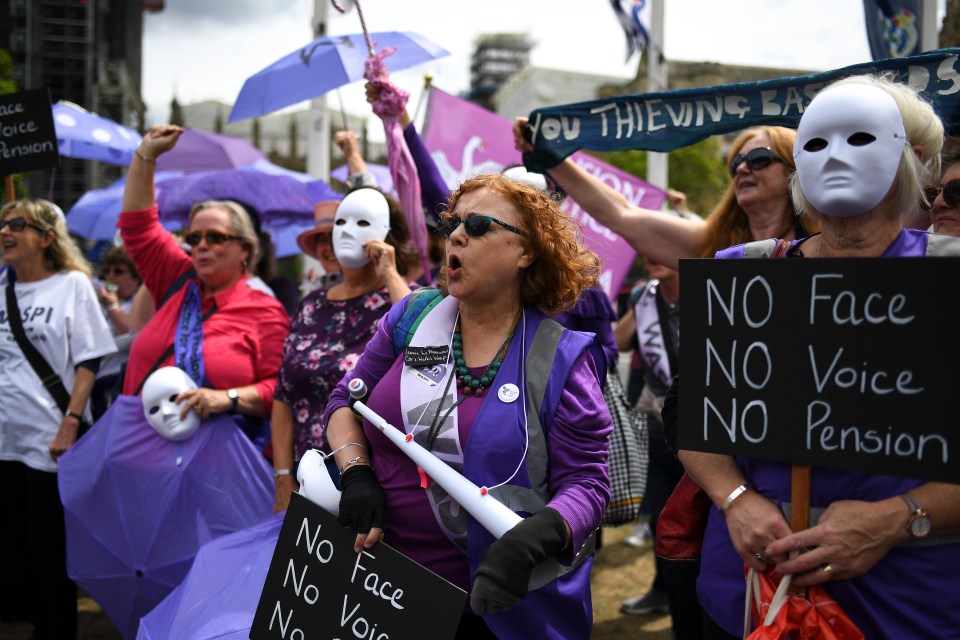 Waspi women campaigners gather outside the Parliament in 2019