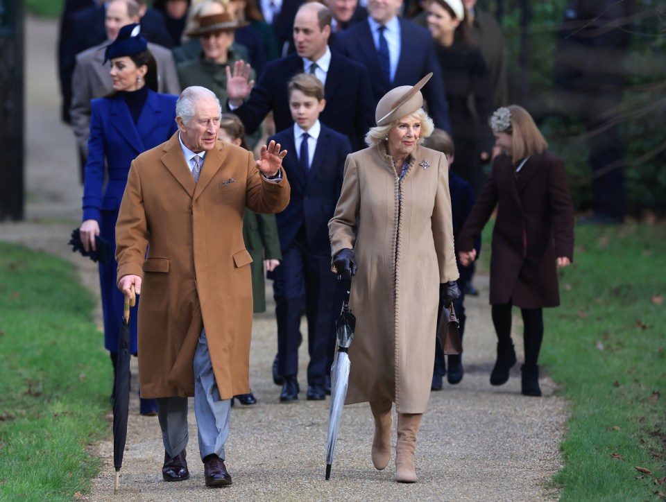 King Charles, Queen Camilla and members of the Royal Family walk to the Christmas Morning Service at Sandringham Church last year