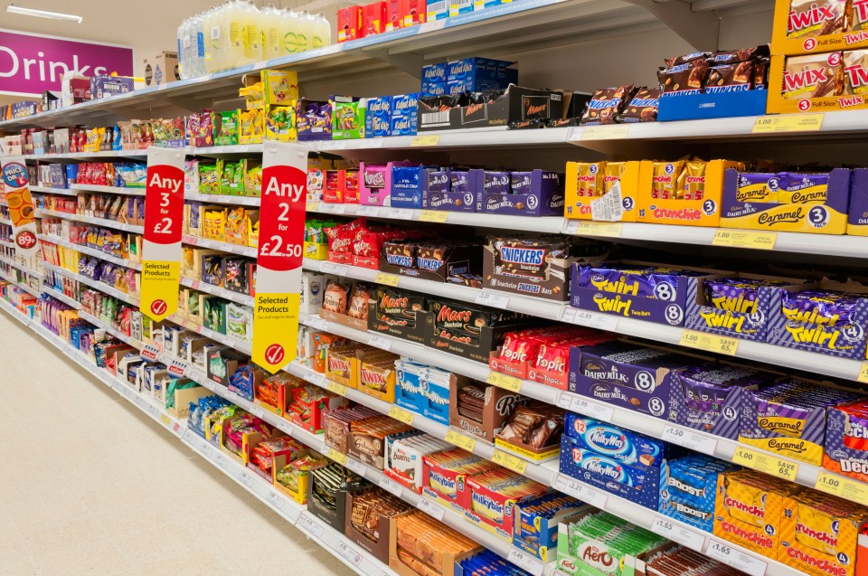 Tesco chocolate and candy aisle.