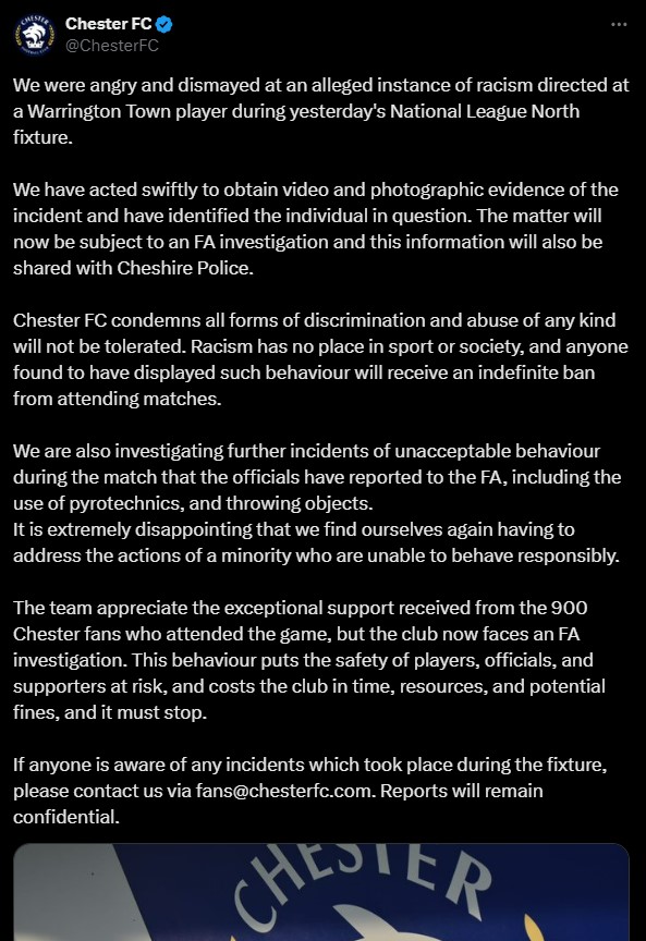 Chester FC shared this announcement