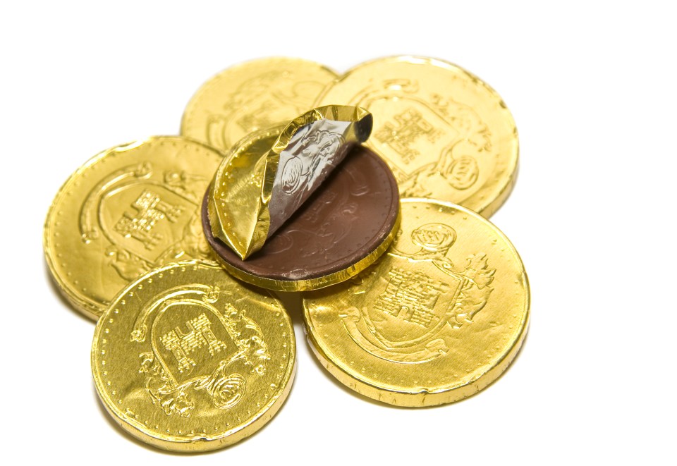 Chocolate coins in gold foil wrappers.