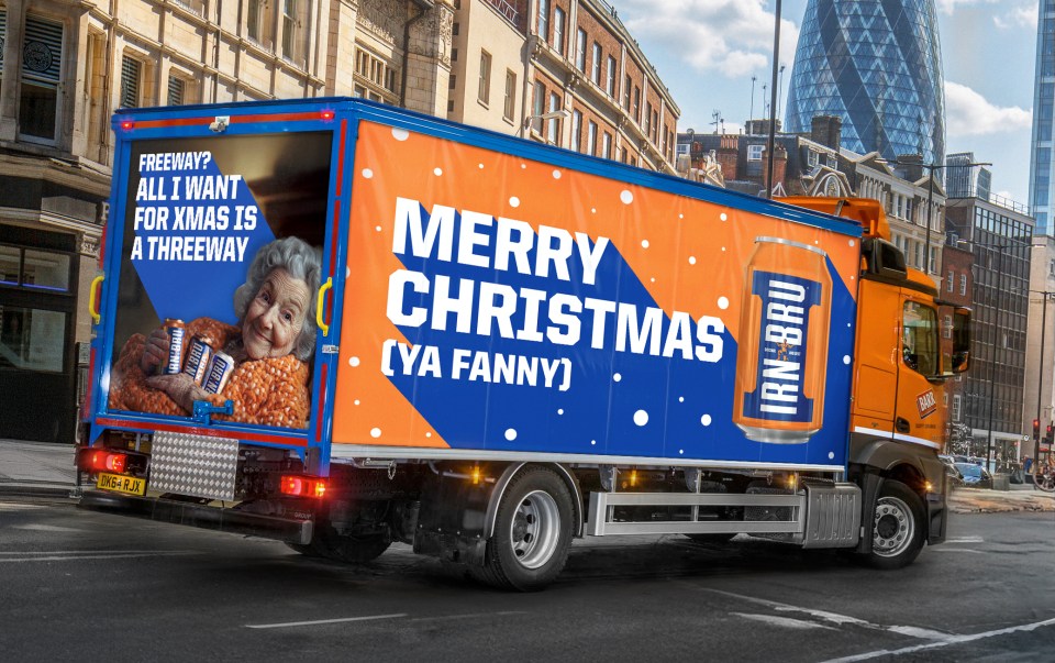 IRN-BRU Christmas truck advertisement featuring an elderly woman and the slogan "Merry Christmas (Ya Fanny)".