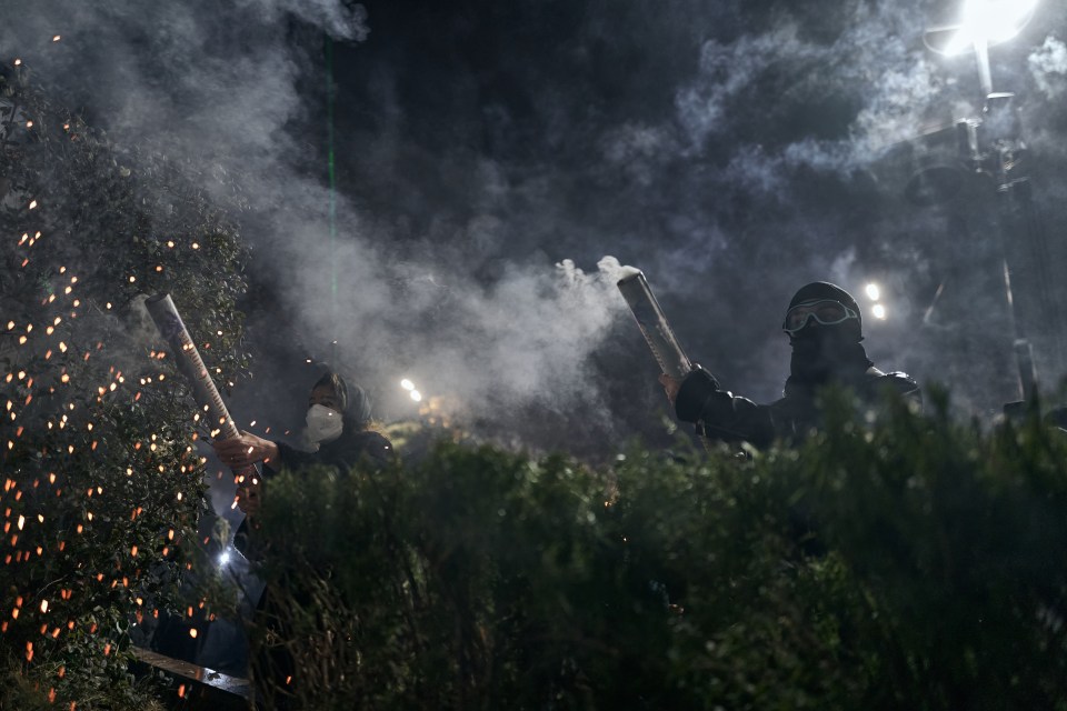 Protestors near the Georgian parliament ignite fireworks.