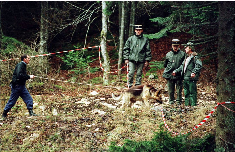 Police examine the forest clearing where many were found dead