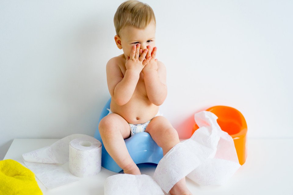 Cute smiling baby sitting on the potty