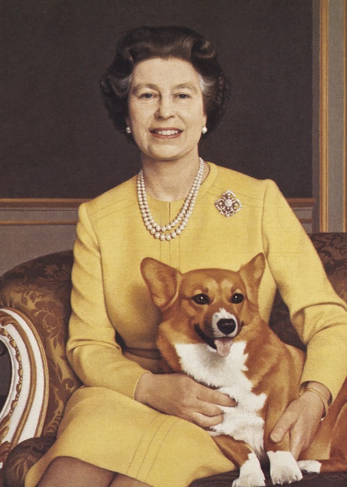 Portrait of Queen Elizabeth II with a corgi.