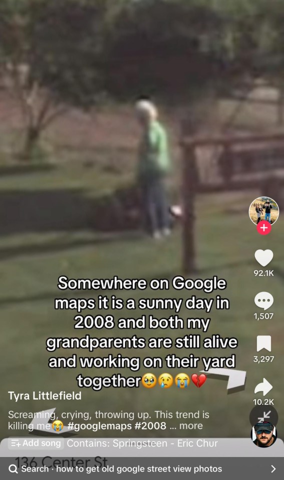 Screenshot of a Google Maps video showing a sunny day in 2008; the poster's grandparents are in their yard.