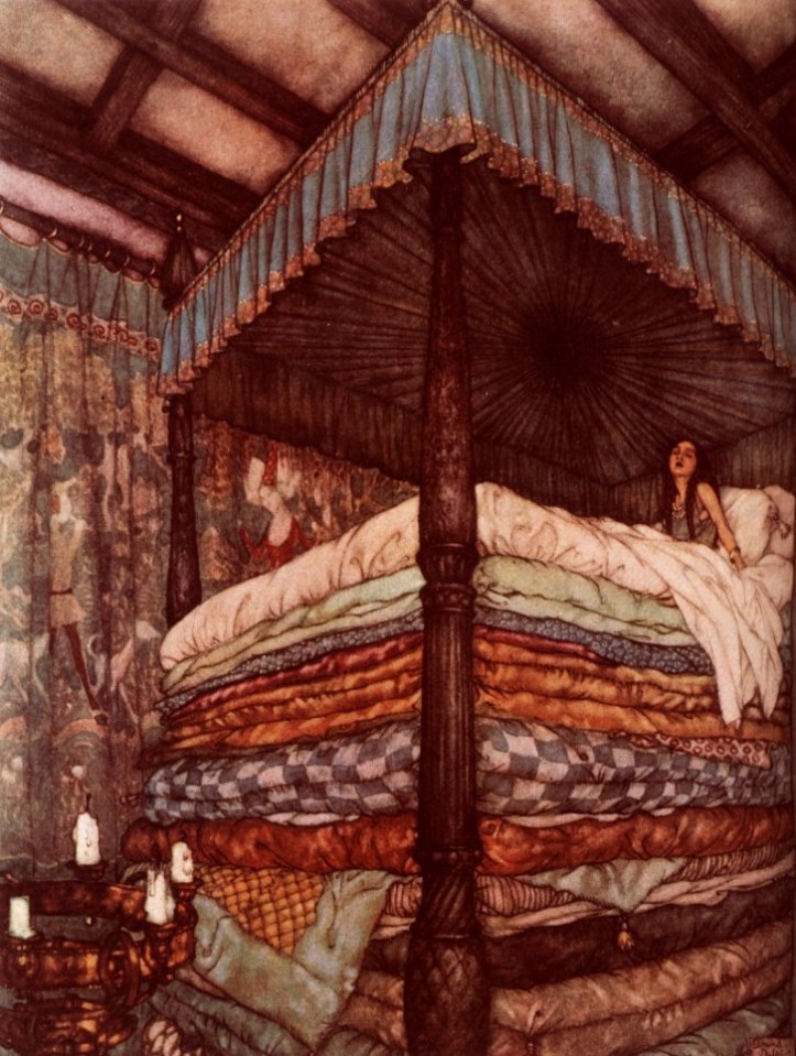 Illustration of The Princess and the Pea; a princess lies in a four-poster bed with many mattresses.