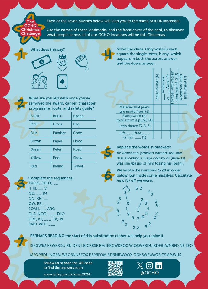 GCHQ's 2024 Christmas challenge puzzle, featuring seven puzzles to solve to discover a UK landmark.