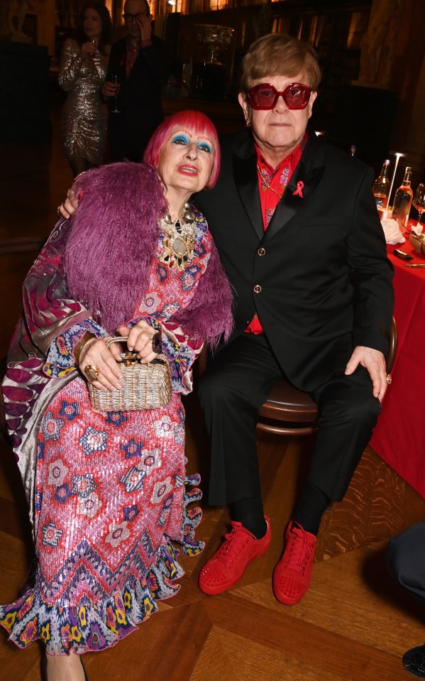 Elton posed for a snap with Dame Zandra Rhodes at the after party – a charity gala night after party in support of the Elton John Aids Foundation at The British Museum