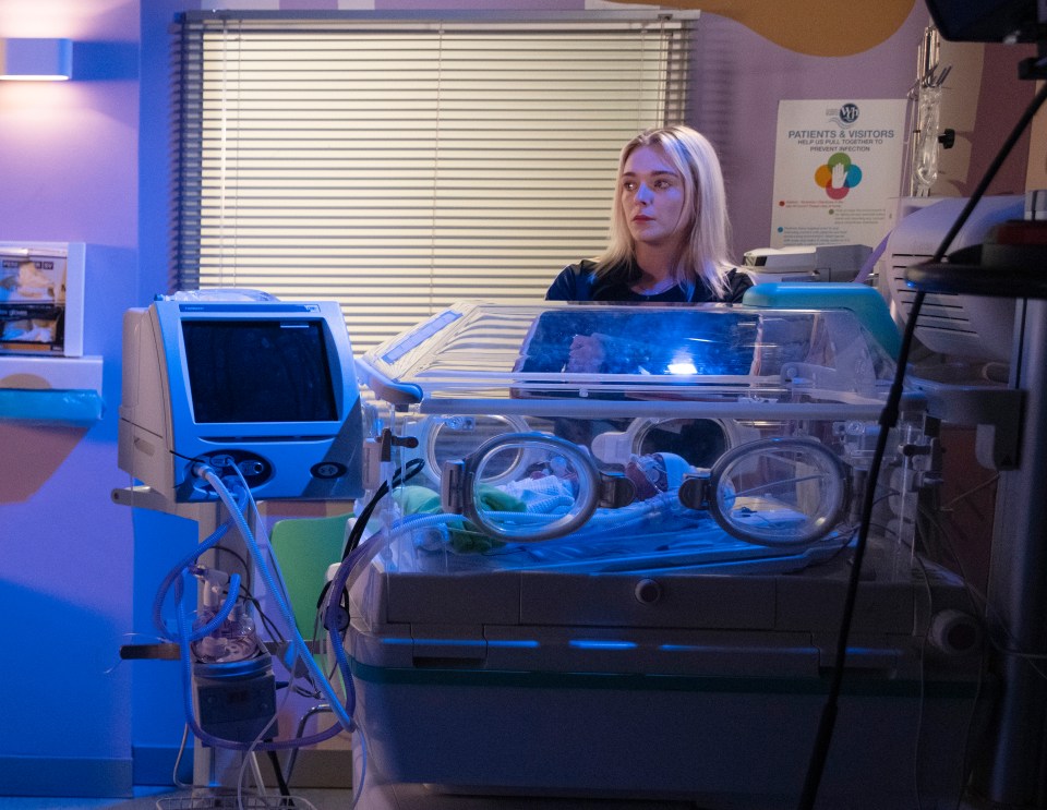 A woman looking at a baby in an incubator in a hospital.