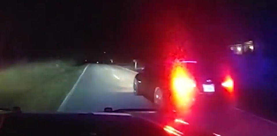 The police car catches up to get in front of the woman before she heads towards a lake