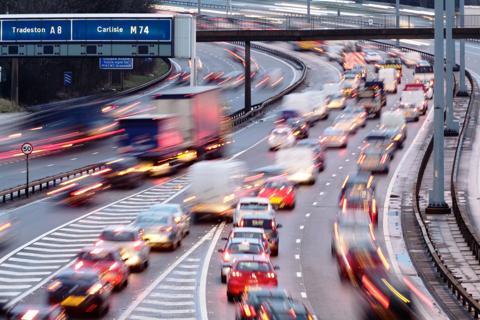 Motion-blurred traffic jam on the M8 motorway.