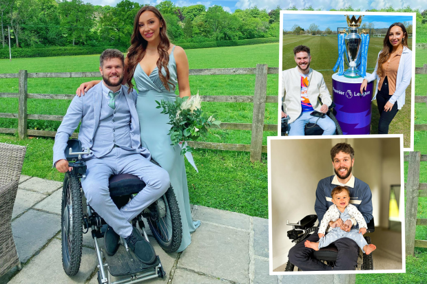 Collage of a man in a wheelchair with his partner, at a Premier League trophy presentation, and with his baby.