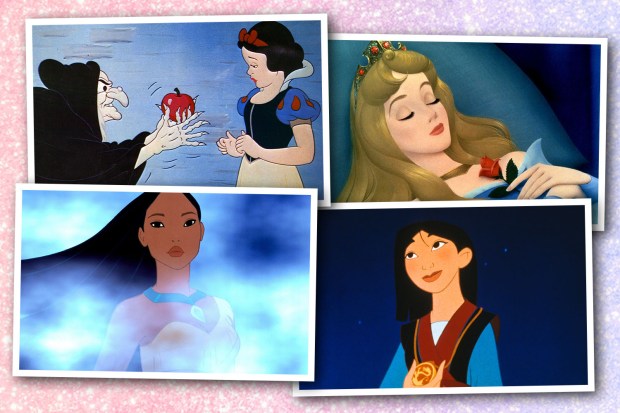 Collage of Disney princesses: Snow White, Aurora, Pocahontas, and Mulan.