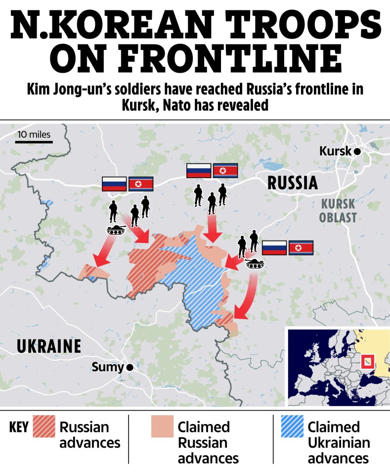 Map showing North Korean troops' deployment on the Russia-Ukraine frontline near Kursk.