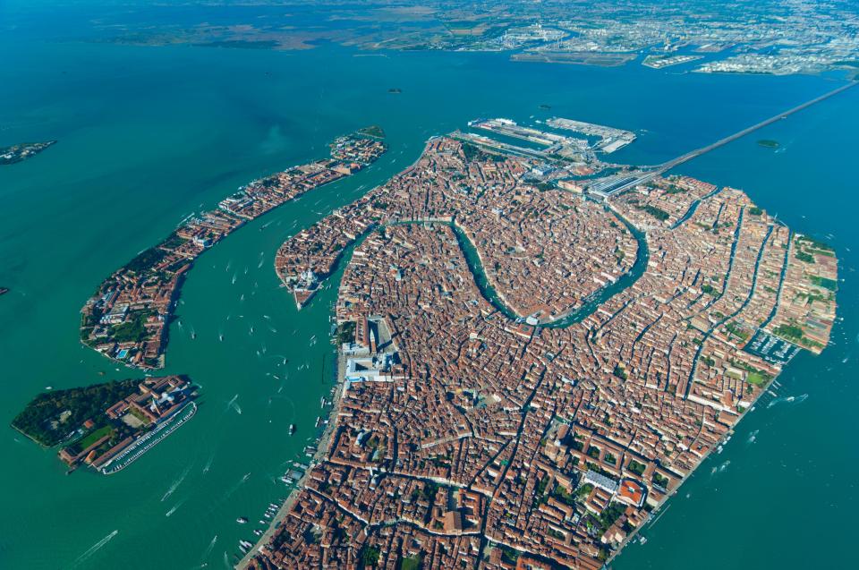 An aeriel view of Venice and the surrounding lagoon