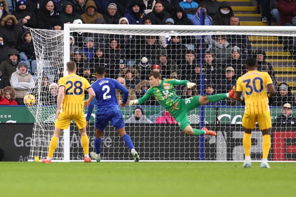 Mads Hermansen had little chance with Tariq Lamptey's wonder strike