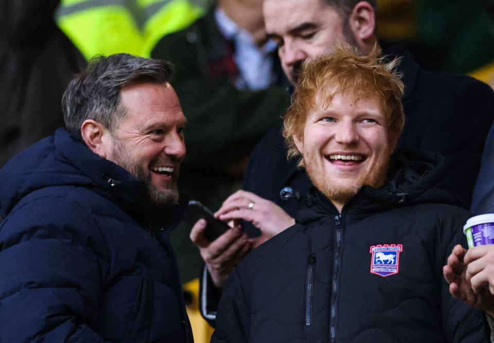 Ed Sheehan joined Ipswich chairman Mark Ashton in the directors' box