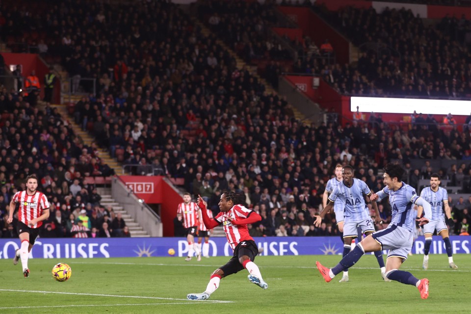 Son Heung-Min scoring a goal during a Tottenham Hotspur vs Southampton Premier League match.