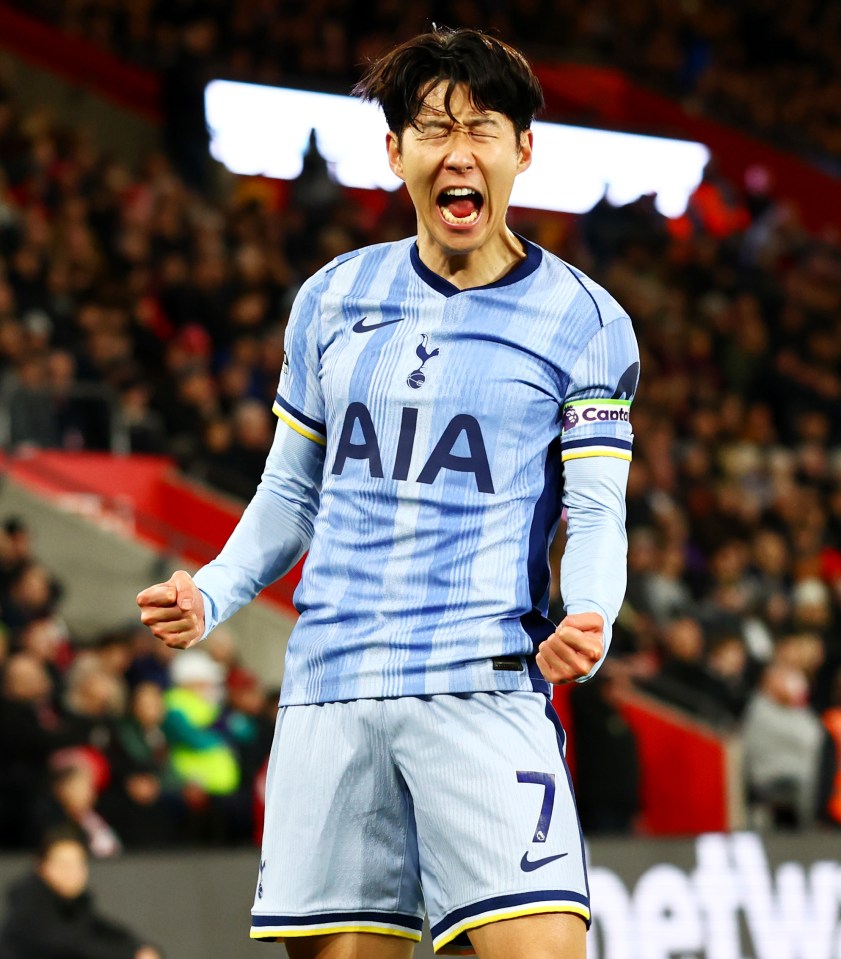 Son Heung-Min of Tottenham Hotspur celebrating a goal.