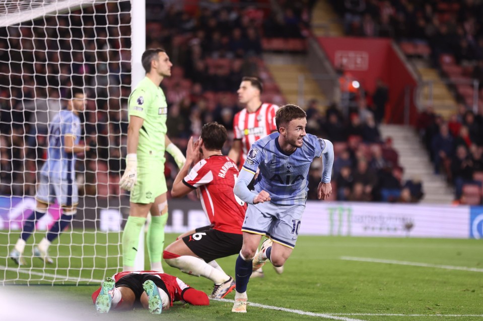 James Maddison of Tottenham Hotspur celebrates a goal.