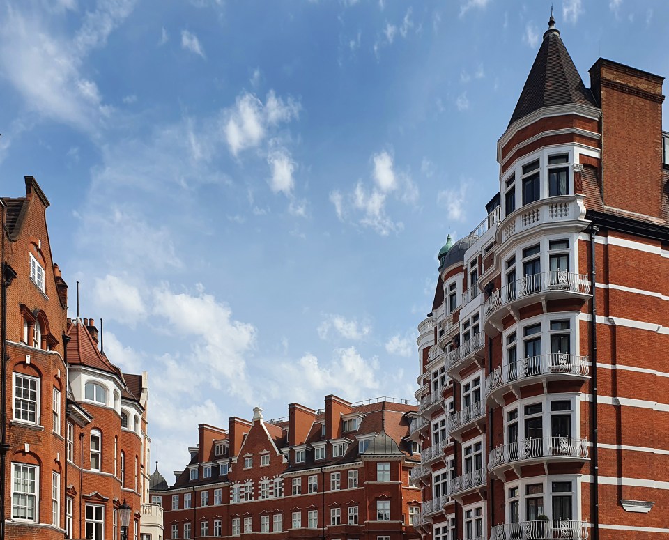 Elegant red-brick victorian townhouses and residential buildings in Knightsbridge - the UK's most expensive street of 2024