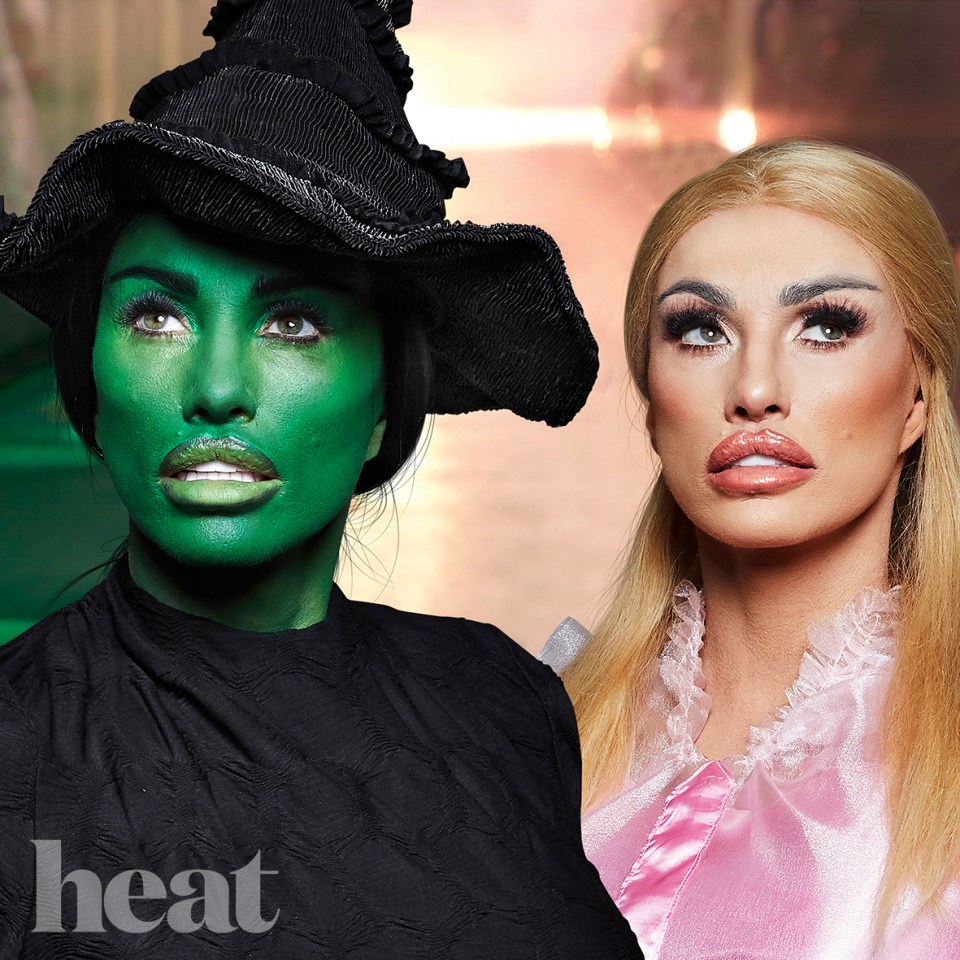 Model Katie Price painted herself green to become Wicked’s Elphaba and wore a pink gown to transform into character Glinda