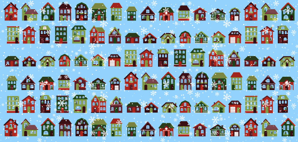 A pattern of colorful houses in a snowy winter scene; a Christmas tree is missing from one of the houses.