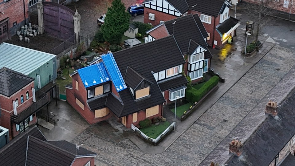 The Weatherfield home has a tarpaulin roof, missing windows and a charred look after the fire