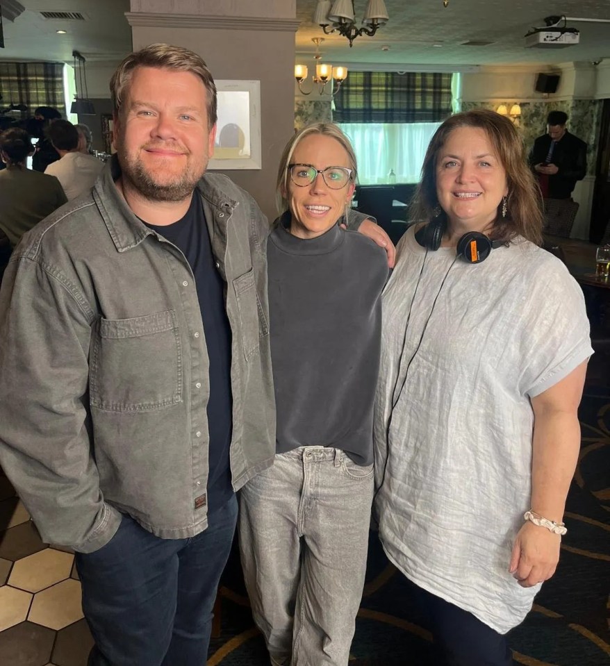 Clemmie Moodie on set with James Corden and Ruth Jones