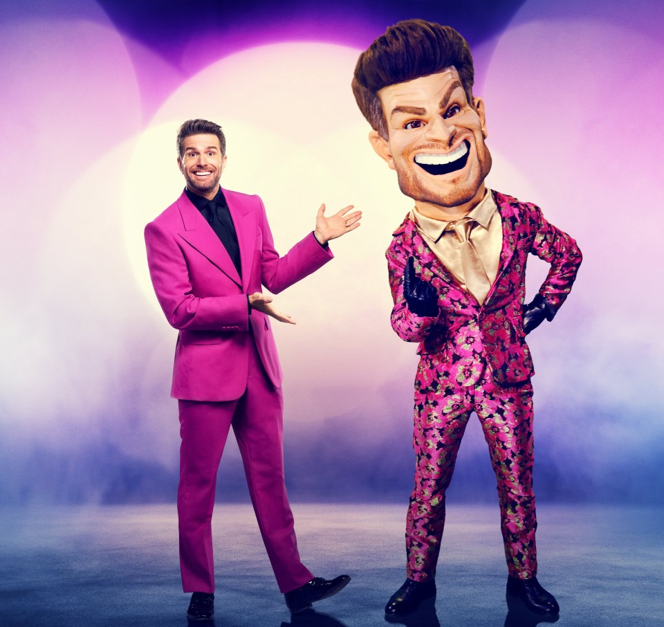 The Masked Singer host Joel Dommett with Giant Joel