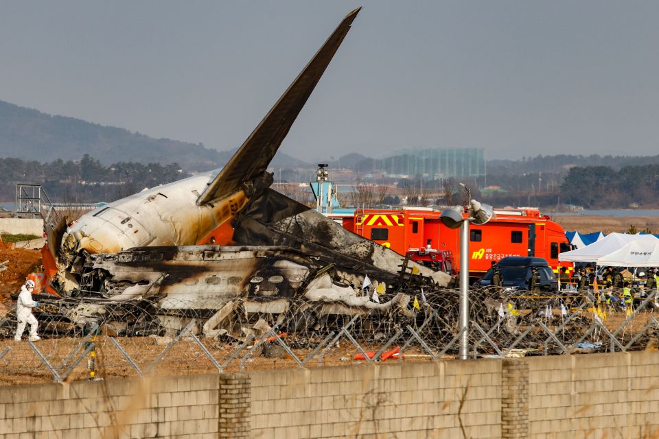 Firefighters extinguished the blaze from the plane with only the tail remaining together