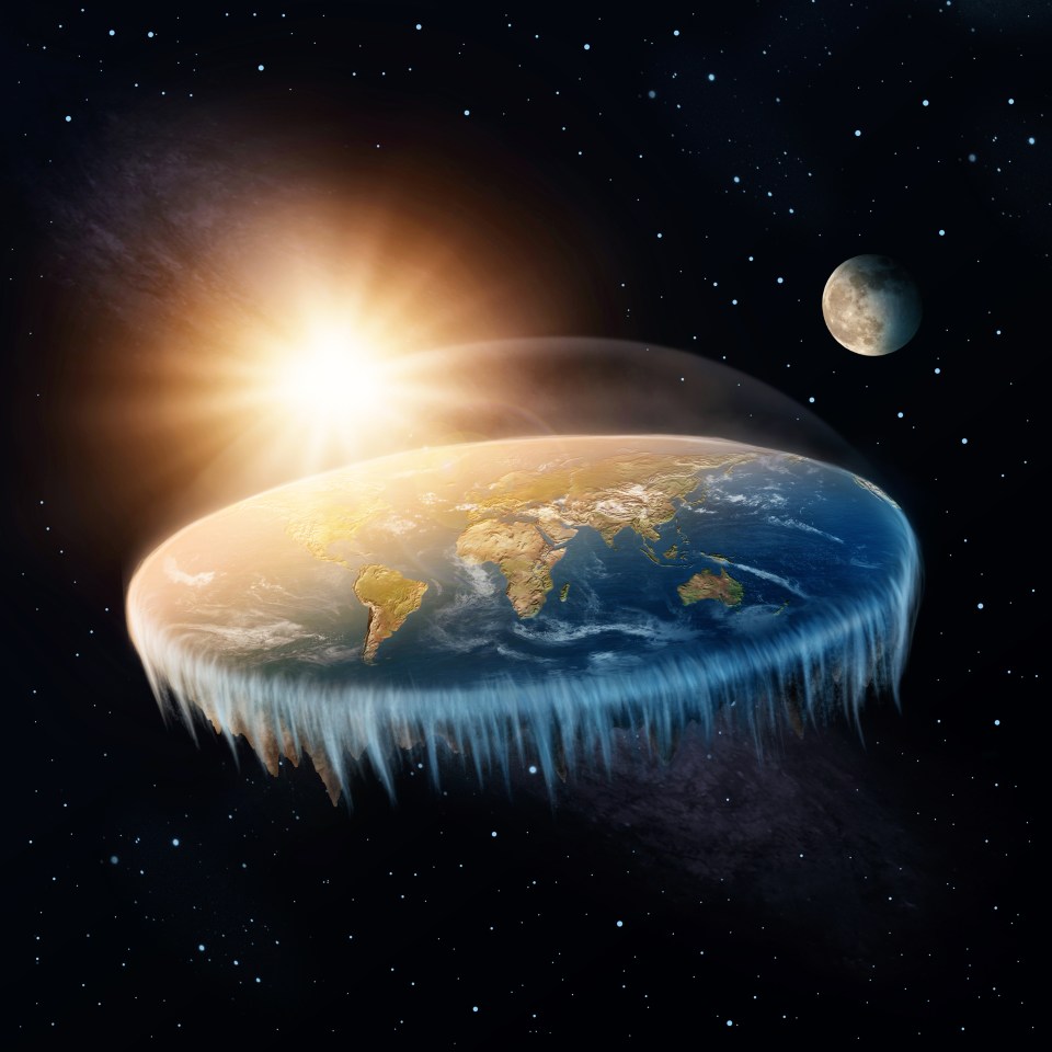 Illustration of a flat Earth with the sun and moon in space.