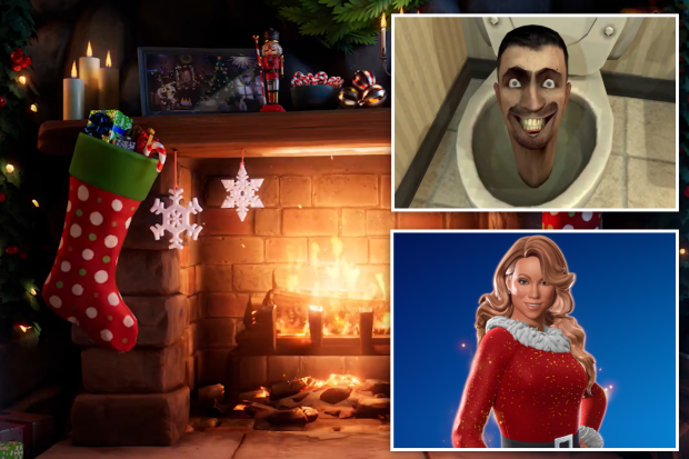 Fortnite Winterfest 2024 update teaser art featuring a fireplace, a stocking, comped with a picture of Skibidi Toilet and Mariah Carey's Fortnite Christmas skin