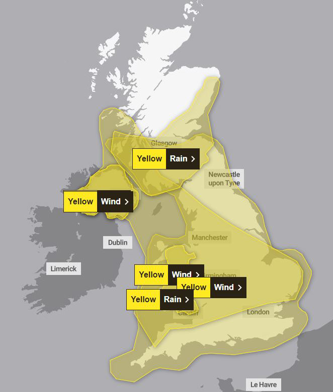 There are six yellow weather alerts today