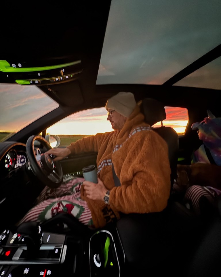 A family member spotted driving during sunrise with coffee in hand